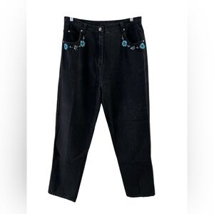 Vintage beaded black denim cotton turquoise straight leg jeans